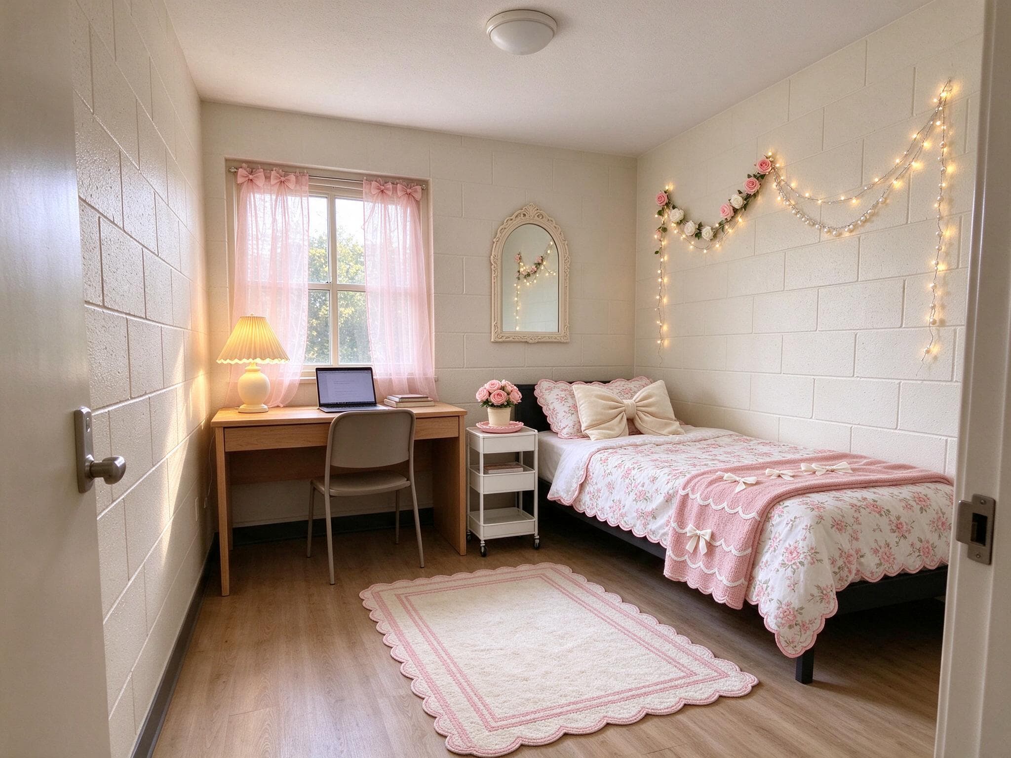 The same dorm restyled as Coquette Dorm with real products: soft pink, bows and ruffles